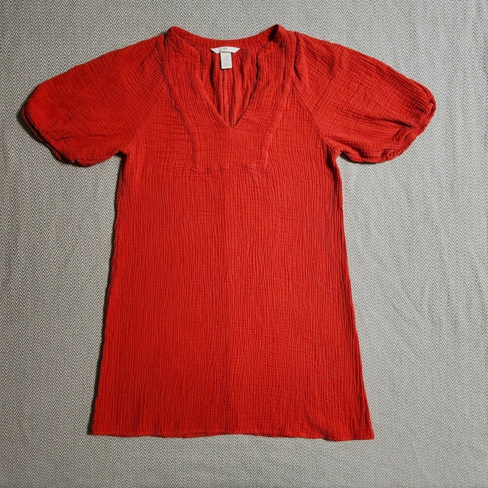 HM Red Cotton Gauze Tunic Top Puff Sleeve V-Neck Crinkle Muslin Blouse Medium